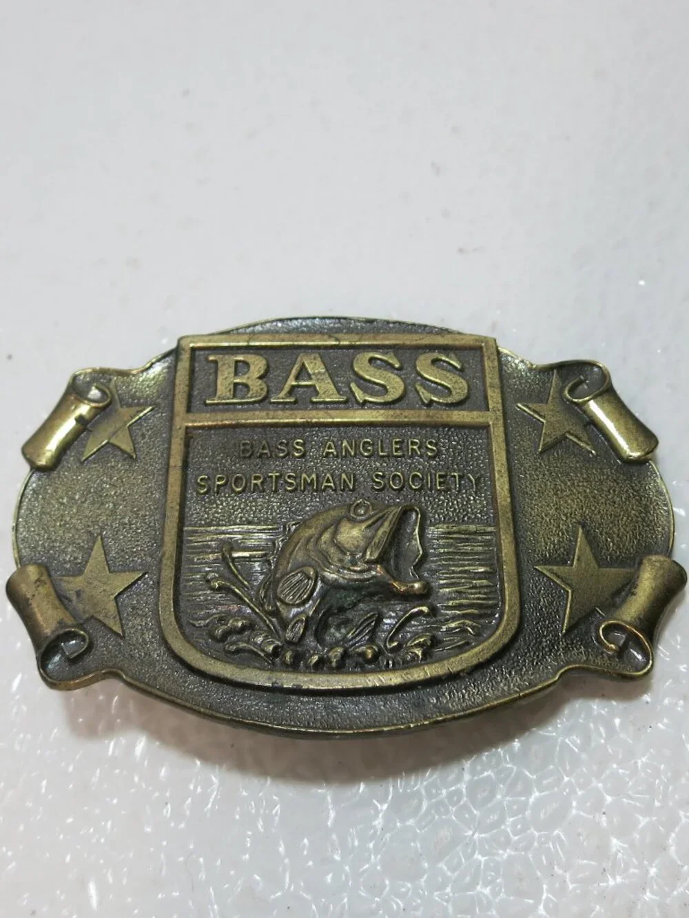 Bass Anglers Sportsman Society Fishing Belt Buckle Brass Chicago Belt Co. USA